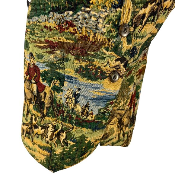 Vintage Western Fleur Bleue Tapestry Vest Equestrian Fox Hunt Scene Waistcoat - Picture 4 of 7